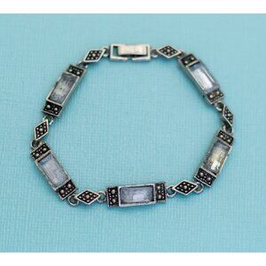 Vintage Edwardian Geometric Rectangular Stones Silver Tone Bracelet 7 inch - E5